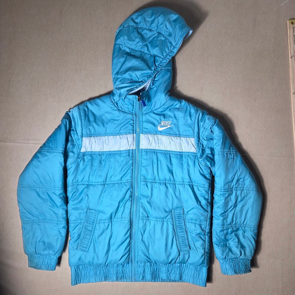 Nike Kids Reversible Puffer Jacket Blue Fleece Hooded Winter Coat Medium 10-12